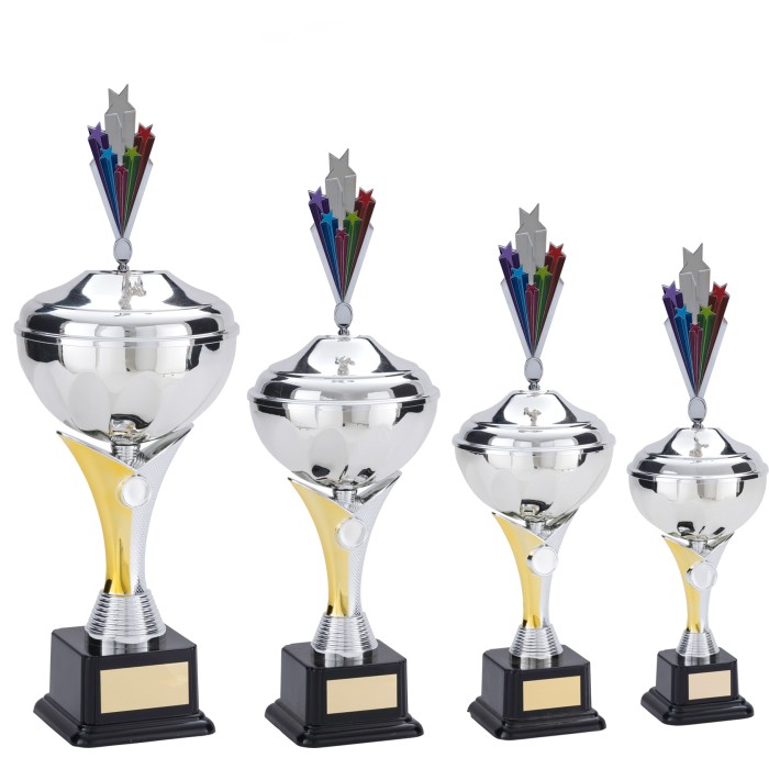 V-RISER FOOTBALL TROPHY CUP WITH METAL STARBURST PLAQUE - AVAILABLE IN 4 SIZES V-RISER FOOTBALL TROPHY CUP WITH METAL STARBURST PLAQUE - AVAILABLE IN 4 SIZES